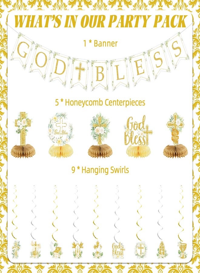 LANGASQUE Gold Baptism Decorations, Glitter God Bless Banner Hanging Swirls Honeycomb Centerpieces for Baby Shower Birthday First Communion, Baptism Party Supplies - Image 3